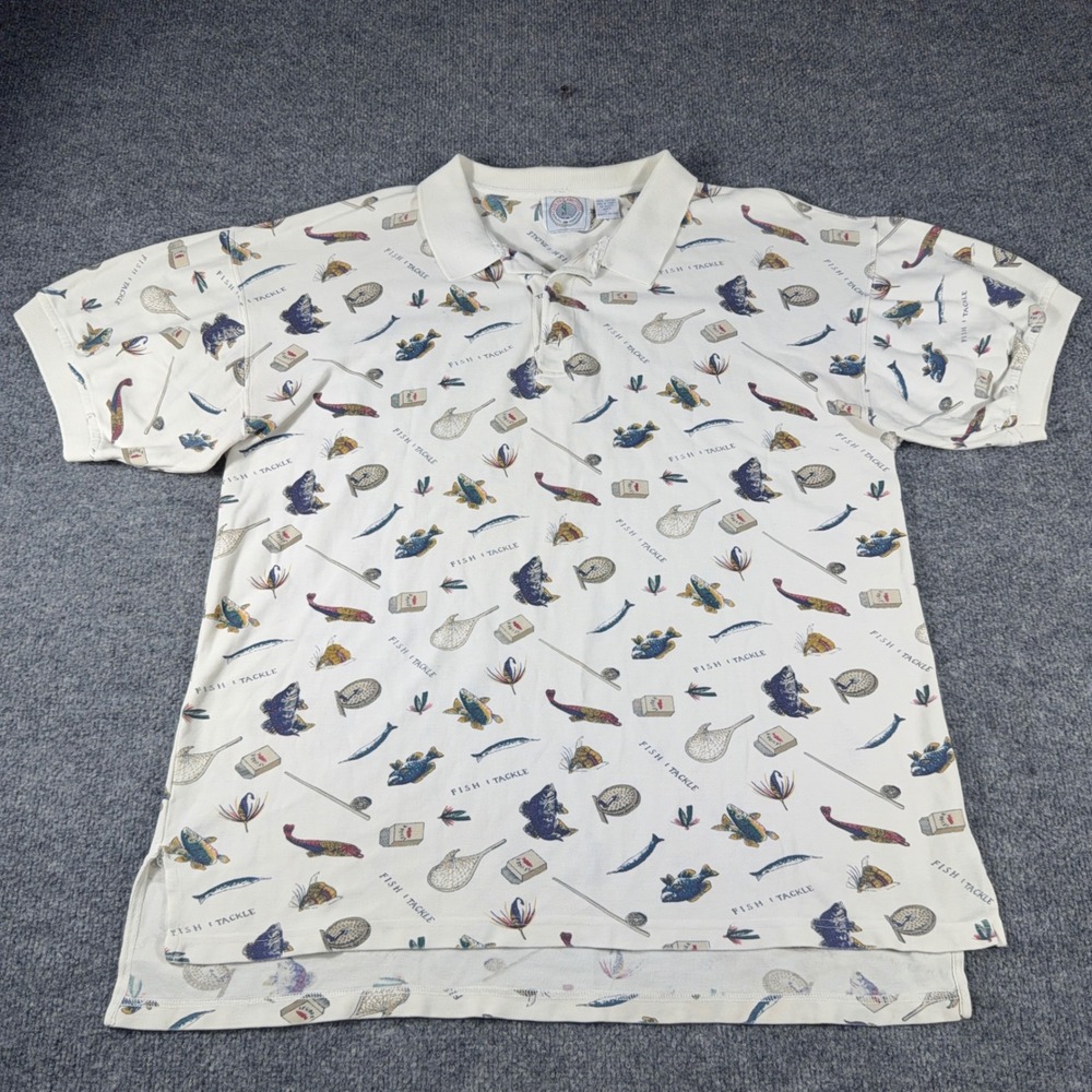 Cape Isle Knitters Mens Large Fishing Print Polo Shirt Cream Button Missing